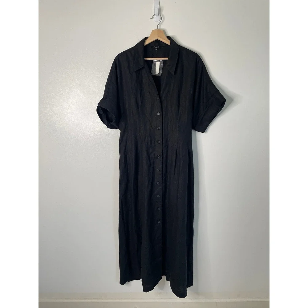 NWT Madewell Pleated Midi Shirtdress 100% Linen Black Button Front XL NU580